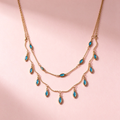 Elegant Double Strand Blue Crystal Drop Gold Necklace, Lightweight Dainty Neck Accessory