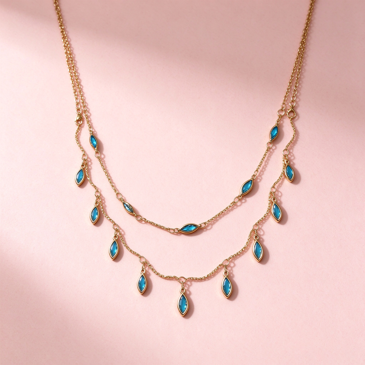 Elegant Double Strand Blue Crystal Drop Gold Necklace, Lightweight Dainty Neck Accessory