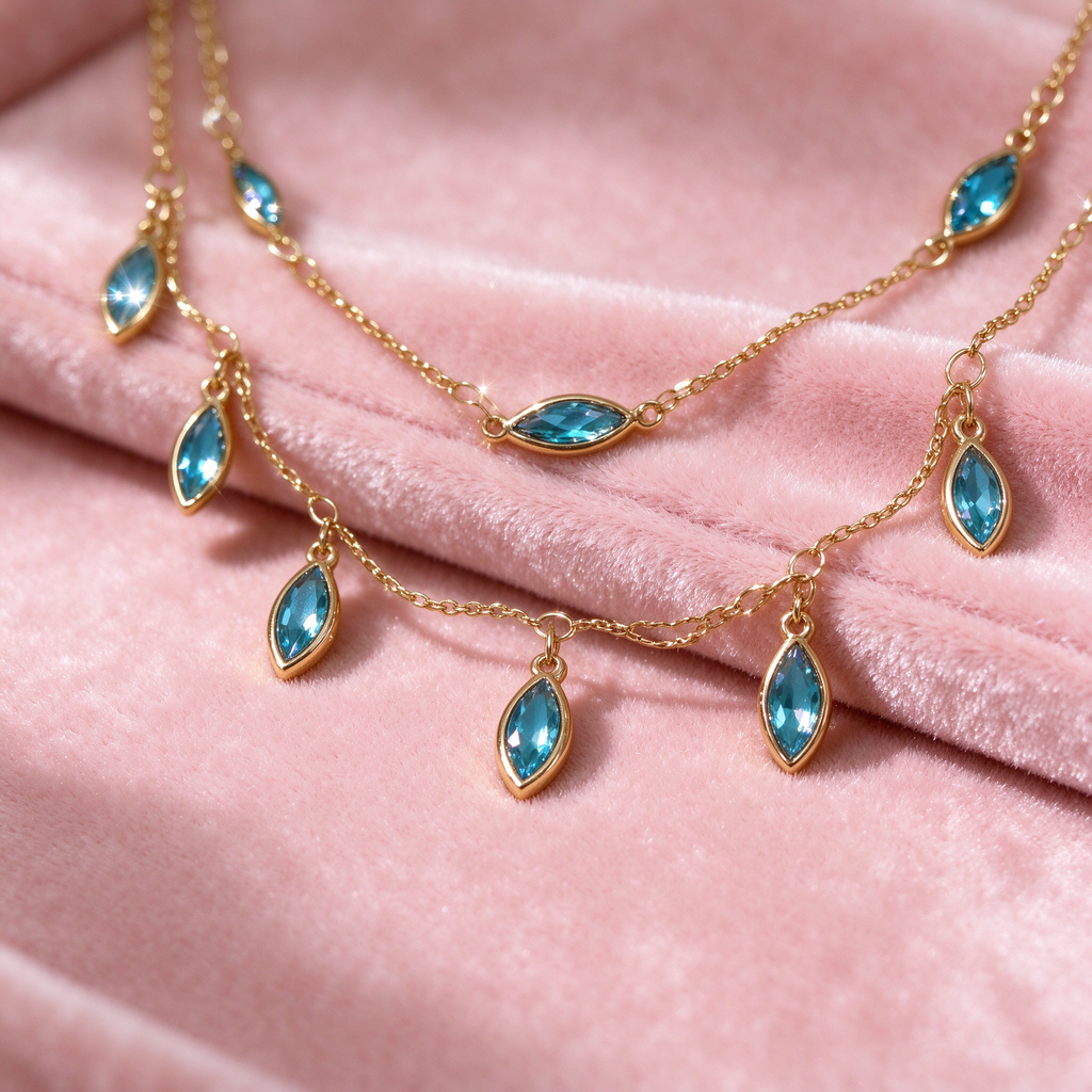 Elegant Double Strand Blue Crystal Drop Gold Necklace, Lightweight Dainty Neck Accessory