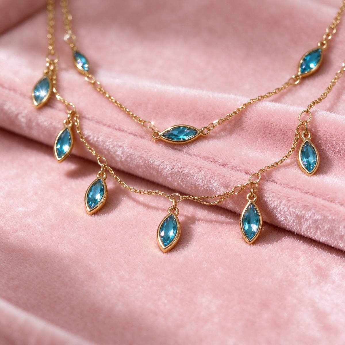 Elegant Double Strand Blue Crystal Drop Gold Necklace, Lightweight Dainty Neck Accessory