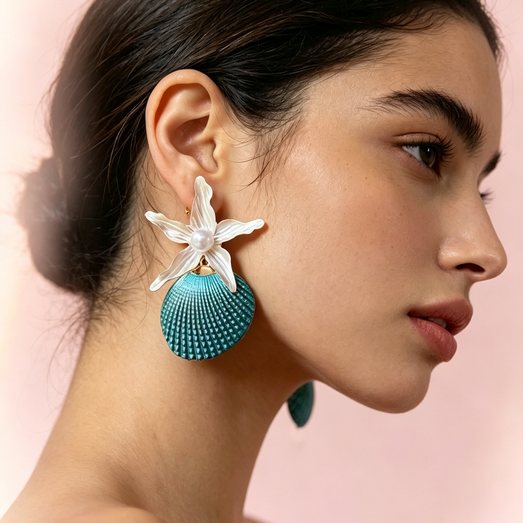 Ocean Theme Statement Earrings, Turquoise Shell with White Starfish and Pearl