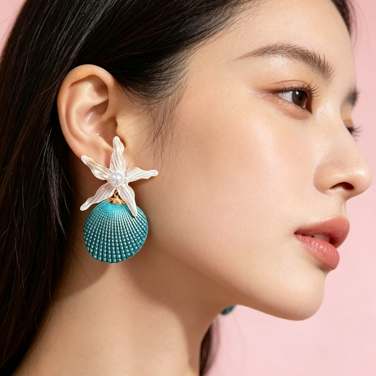 Ocean Theme Statement Earrings, Turquoise Shell with White Starfish and Pearl