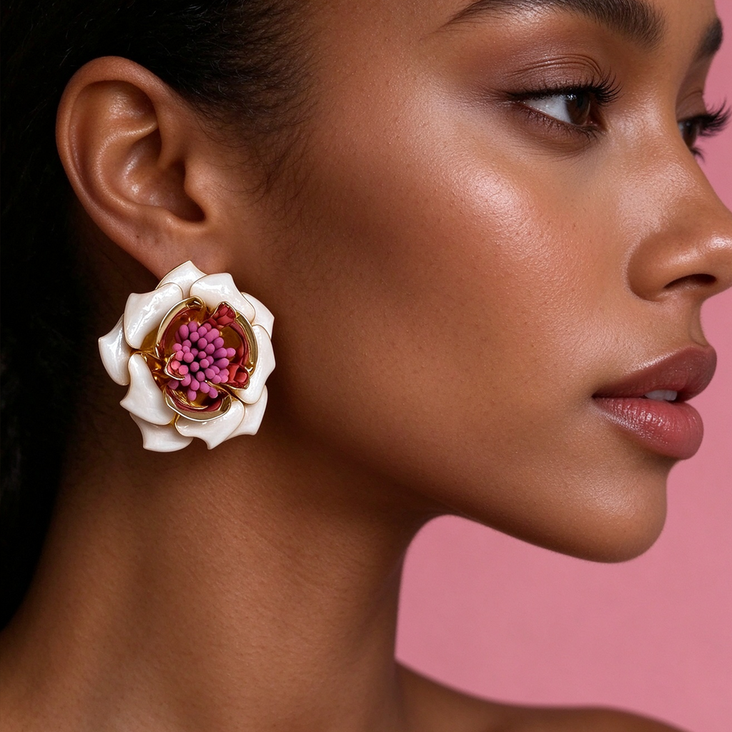 Elegant White Flower Stud Earrings, Sculpted Floral Earrings with Pink Center Detail