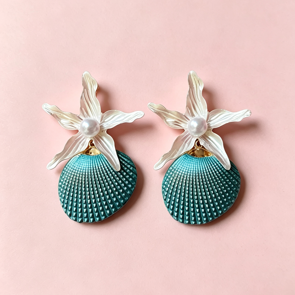 Ocean Theme Statement Earrings, Turquoise Shell with White Starfish and Pearl