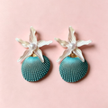 Ocean Theme Statement Earrings, Turquoise Shell with White Starfish and Pearl
