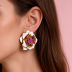 Elegant White Flower Stud Earrings, Sculpted Floral Earrings with Pink Center Detail