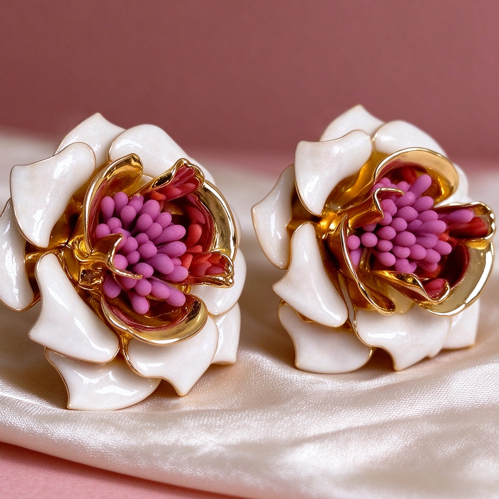 Elegant White Flower Stud Earrings, Sculpted Floral Earrings with Pink Center Detail
