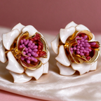 Elegant White Flower Stud Earrings, Sculpted Floral Earrings with Pink Center Detail