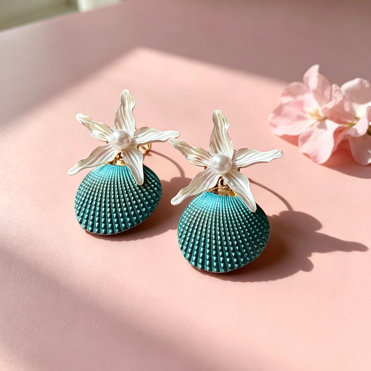 Ocean Theme Statement Earrings, Turquoise Shell with White Starfish and Pearl