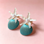 Ocean Theme Statement Earrings, Turquoise Shell with White Starfish and Pearl