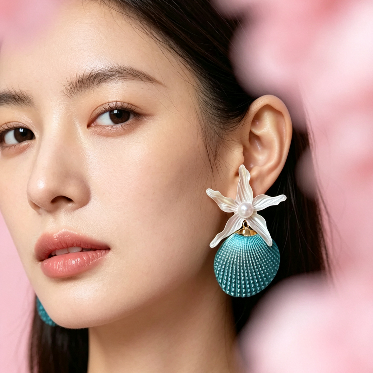 Ocean Theme Statement Earrings, Turquoise Shell with White Starfish and Pearl