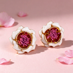 Elegant White Flower Stud Earrings, Sculpted Floral Earrings with Pink Center Detail
