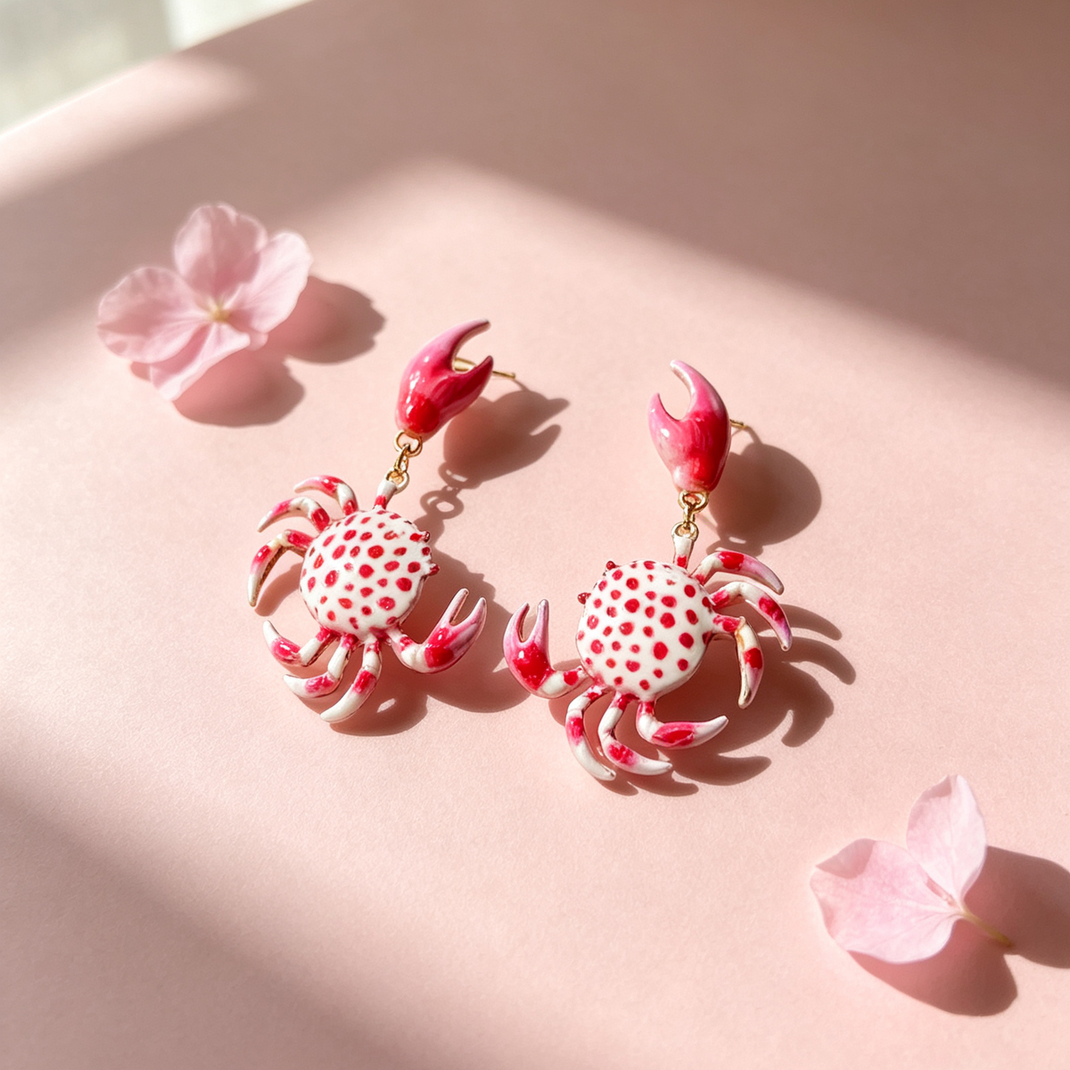 Red & White Spotted Crab Dangle Earrings, Cute Ocean Animal Statement Earrings