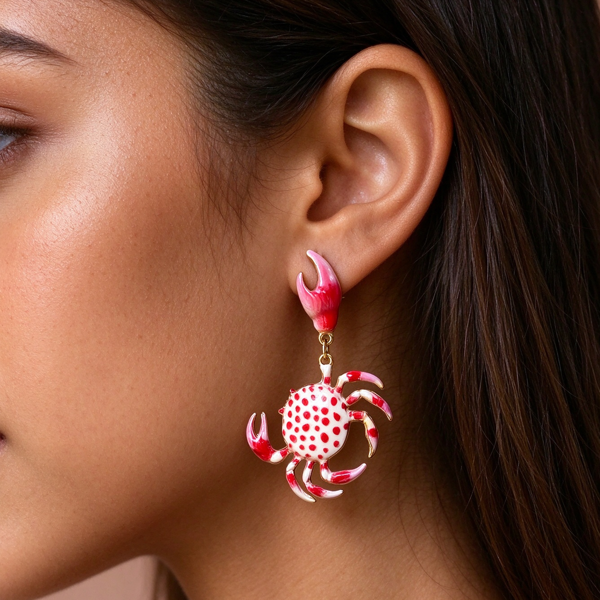 Red & White Spotted Crab Dangle Earrings, Cute Ocean Animal Statement Earrings