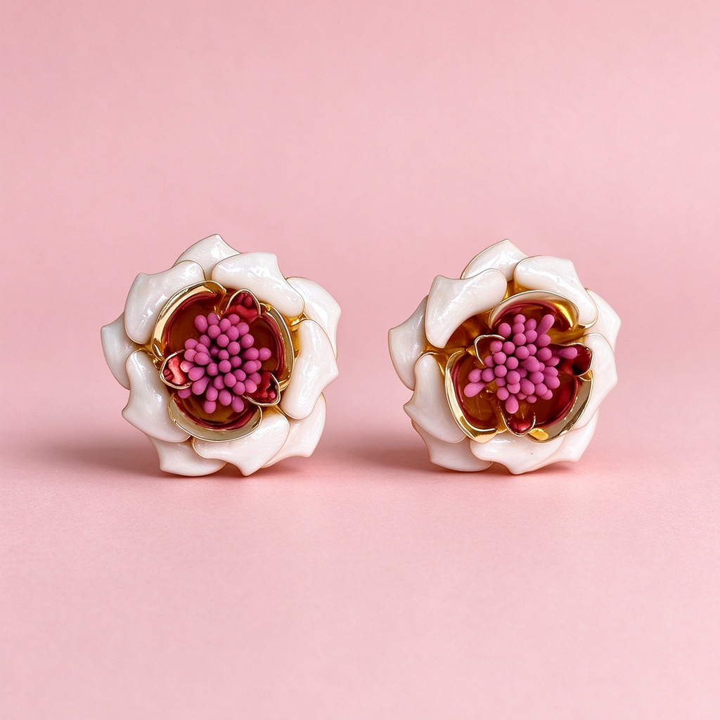 Elegant White Flower Stud Earrings, Sculpted Floral Earrings with Pink Center Detail