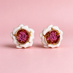 Elegant White Flower Stud Earrings, Sculpted Floral Earrings with Pink Center Detail