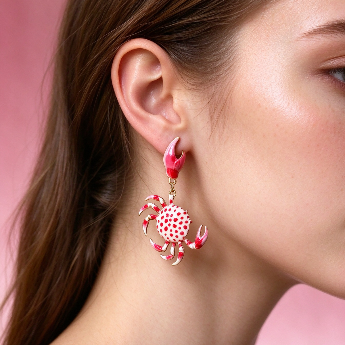 Red & White Spotted Crab Dangle Earrings, Cute Ocean Animal Statement Earrings