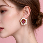 Elegant White Flower Stud Earrings, Sculpted Floral Earrings with Pink Center Detail