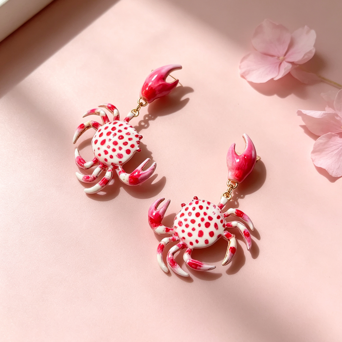 Red & White Spotted Crab Dangle Earrings, Cute Ocean Animal Statement Earrings