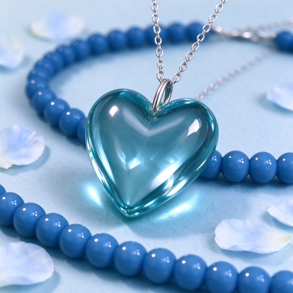 Blue Beaded Choker Necklace, Transparent Aqua Heart Pendant Neck Jewelry