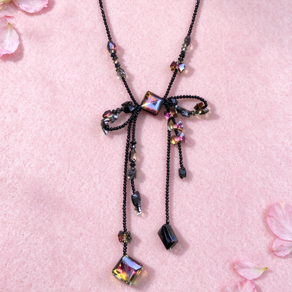 Dark Bow Beaded Choker Necklace, Iridescent Crystal Drop Y-Shaped Neck Jewelry