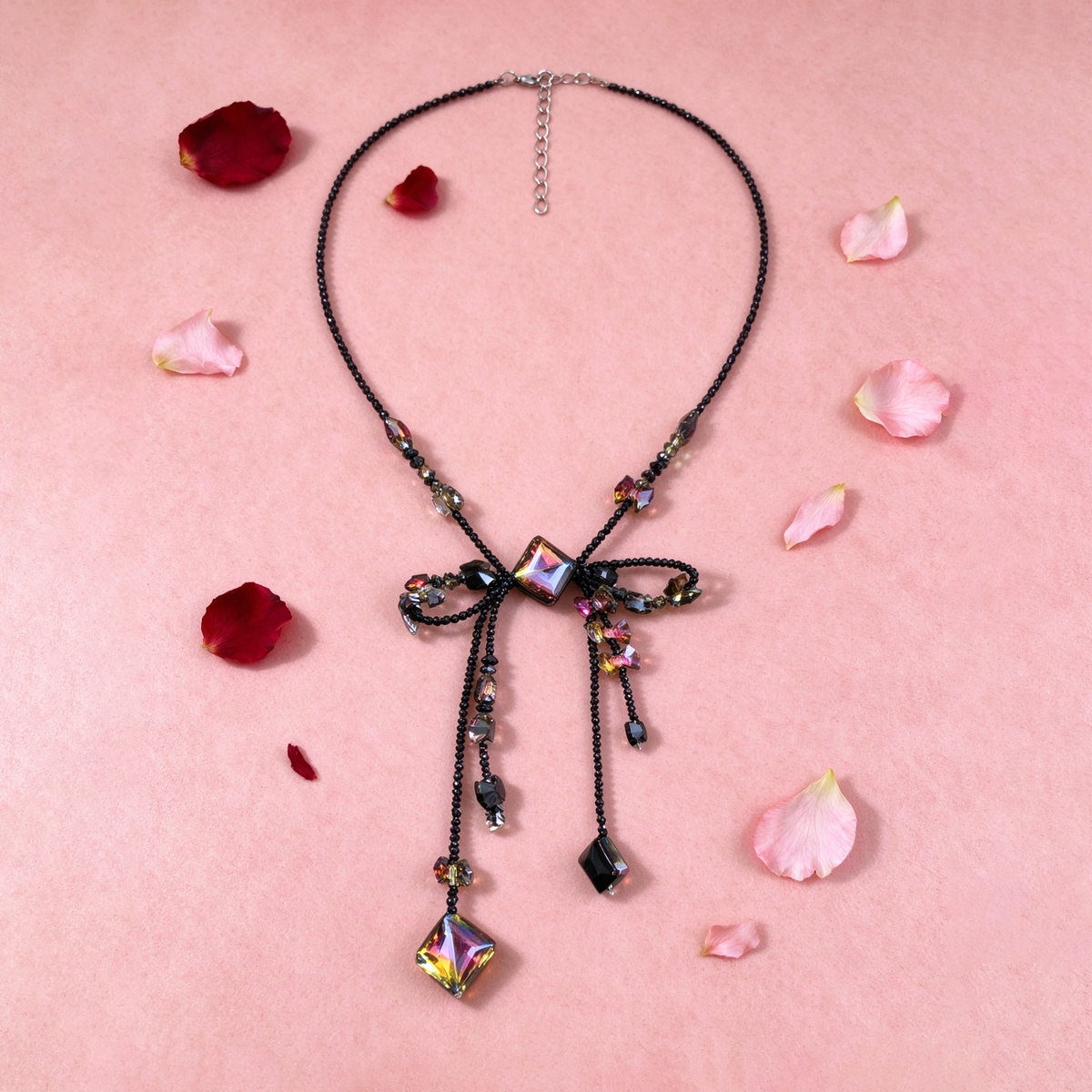 Dark Bow Beaded Choker Necklace, Iridescent Crystal Drop Y-Shaped Neck Jewelry