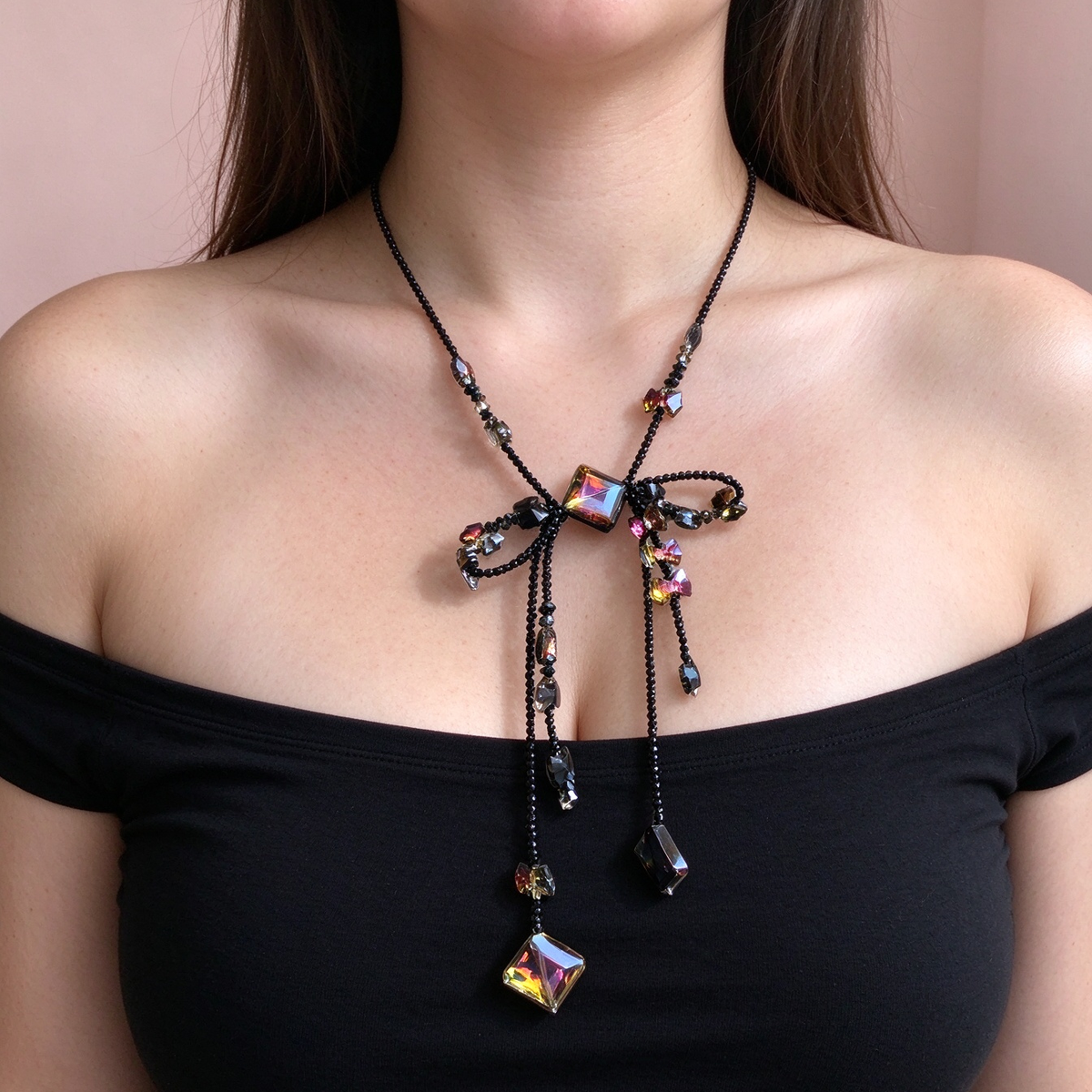 Dark Bow Beaded Choker Necklace, Iridescent Crystal Drop Y-Shaped Neck Jewelry