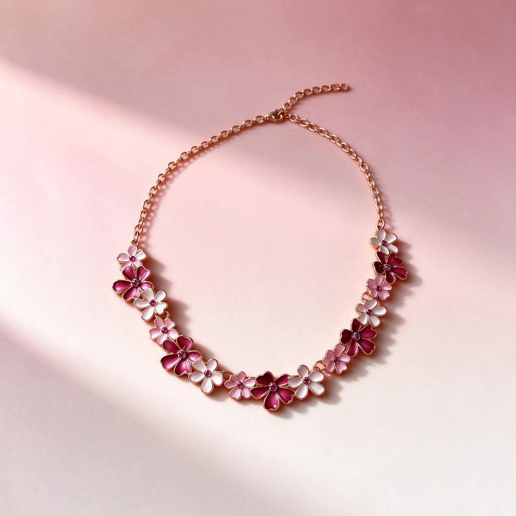 Gradient Floral Choker Necklace, Wine Pink Flower Collar Necklace for Daily & Party Wear