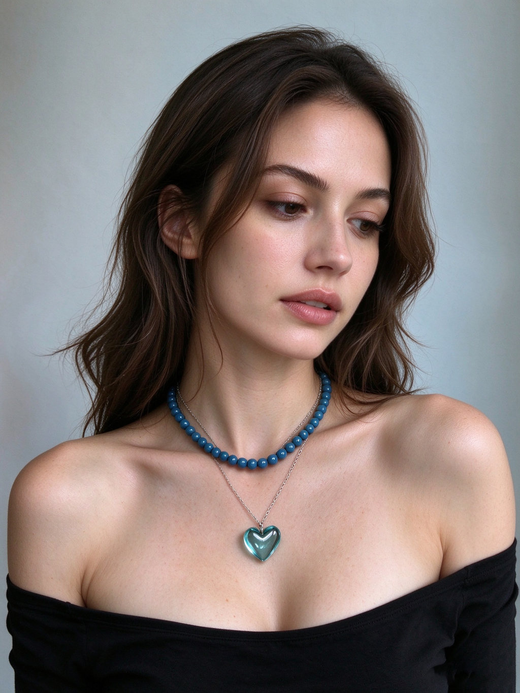 Blue Beaded Choker Necklace, Transparent Aqua Heart Pendant Neck Jewelry