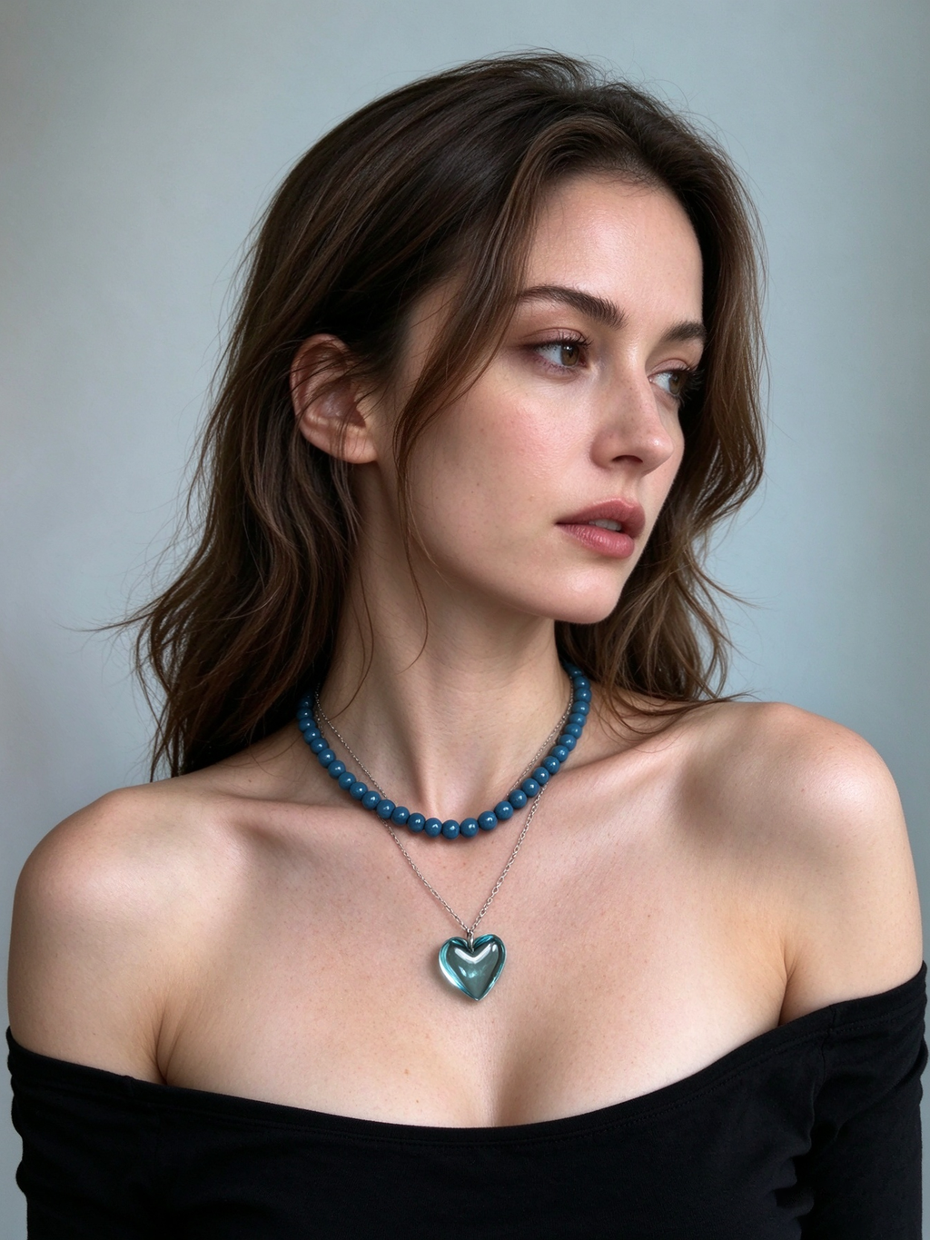 Blue Beaded Choker Necklace, Transparent Aqua Heart Pendant Neck Jewelry