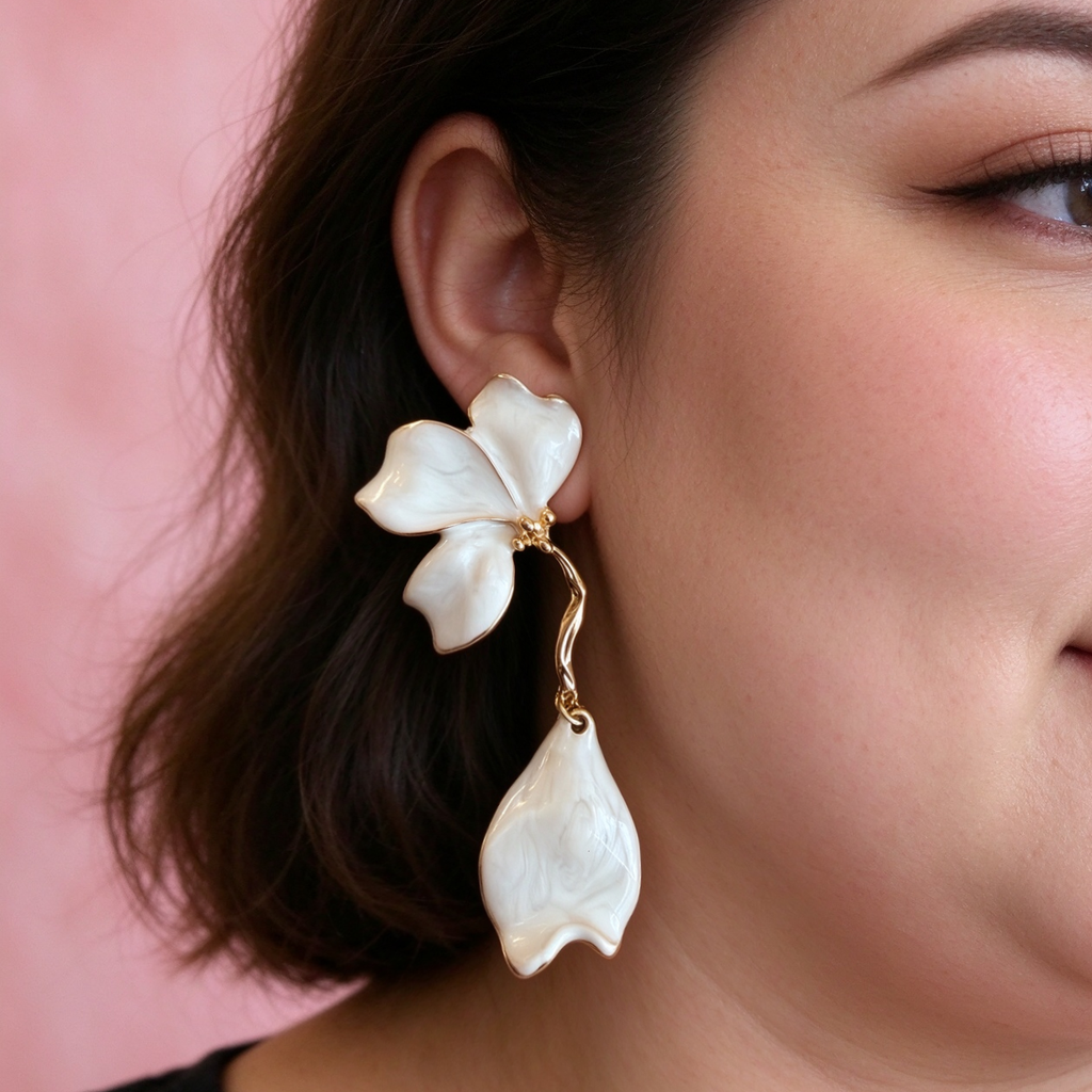 White Petal Drop Earrings, Two-Tier Floral Dangle Earrings with Gold Trim