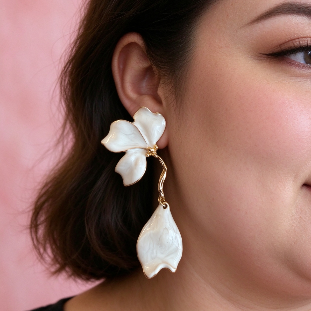 White Petal Drop Earrings, Two-Tier Floral Dangle Earrings with Gold Trim