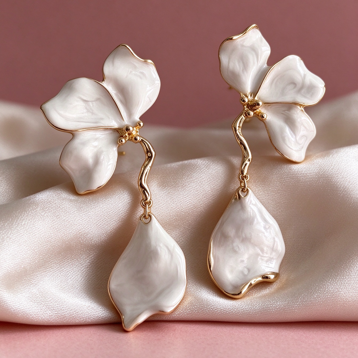 White Petal Drop Earrings, Two-Tier Floral Dangle Earrings with Gold Trim