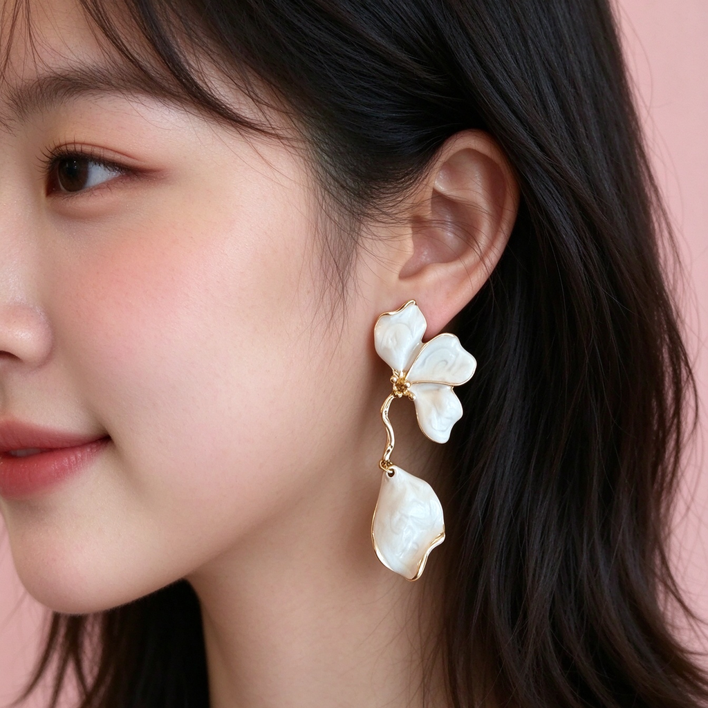 White Petal Drop Earrings, Two-Tier Floral Dangle Earrings with Gold Trim