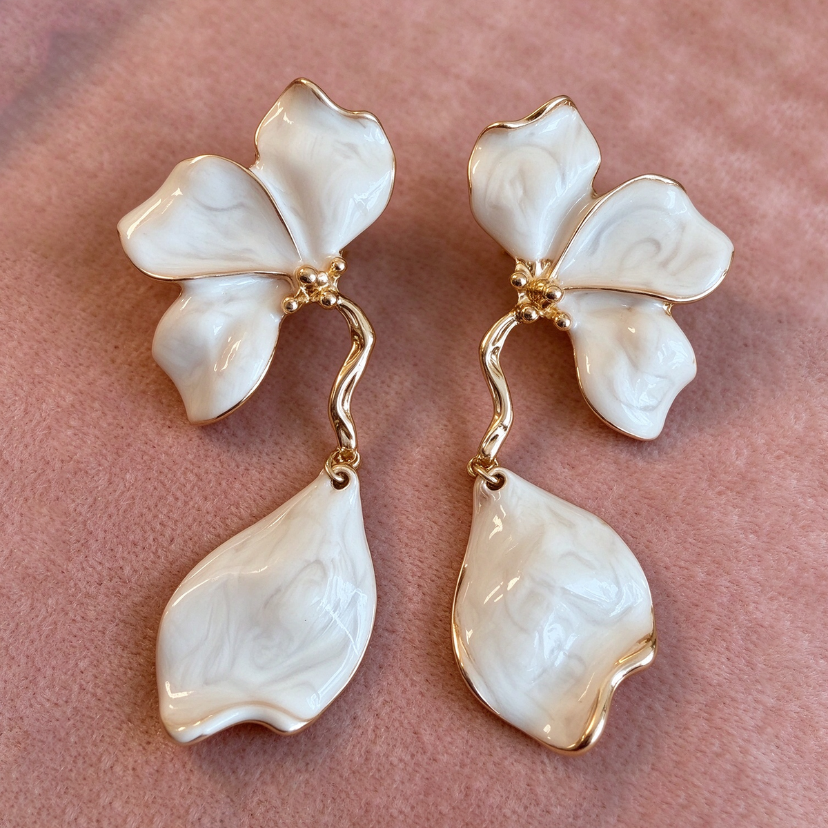 White Petal Drop Earrings, Two-Tier Floral Dangle Earrings with Gold Trim