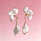 White Petal Drop Earrings, Two-Tier Floral Dangle Earrings with Gold Trim