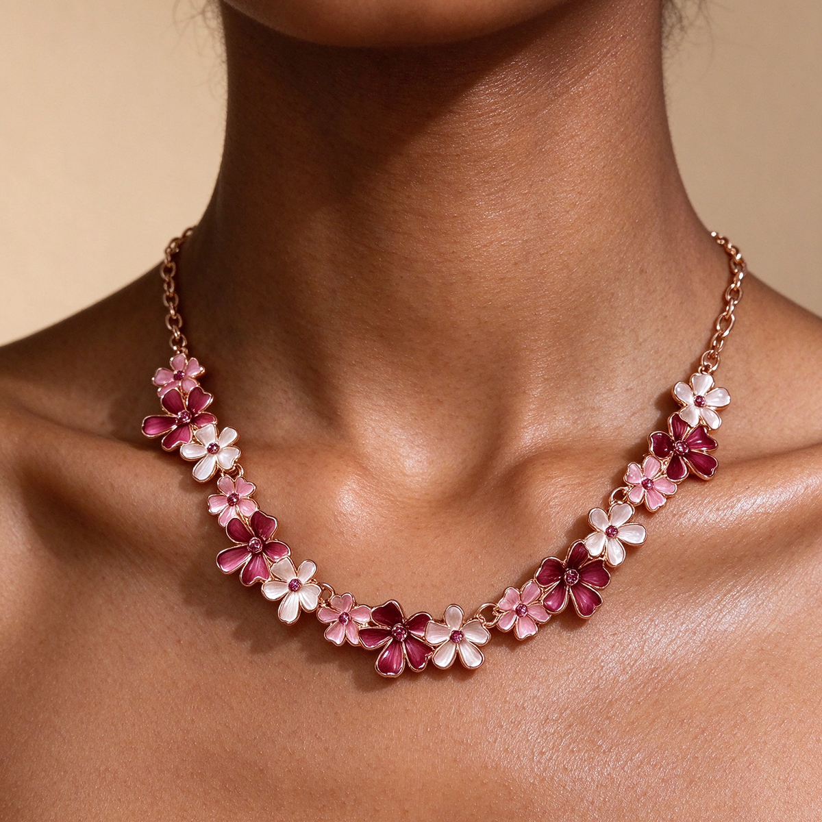 Gradient Floral Choker Necklace, Wine Pink Flower Collar Necklace for Daily & Party Wear