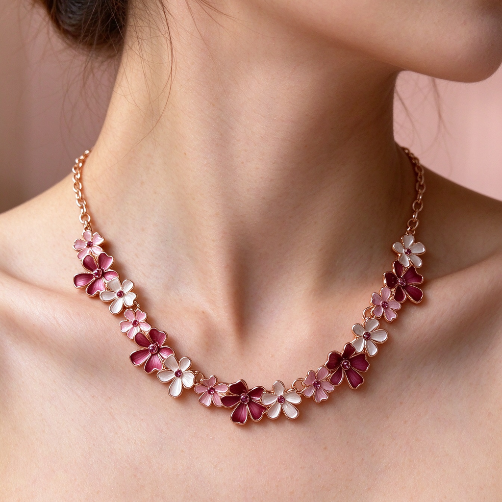 Gradient Floral Choker Necklace, Wine Pink Flower Collar Necklace for Daily & Party Wear