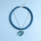 Blue Beaded Choker Necklace, Transparent Aqua Heart Pendant Neck Jewelry
