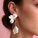 White Petal Drop Earrings, Two-Tier Floral Dangle Earrings with Gold Trim