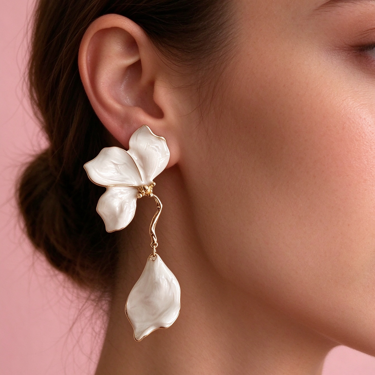 White Petal Drop Earrings, Two-Tier Floral Dangle Earrings with Gold Trim